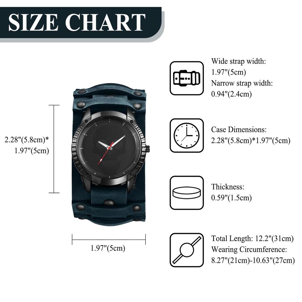 Ceas cu curea din piele cu stil Rock Punk Antich, Impermeabil, Analog-Quartz, cu Piele Autentică, Ceas de Modă pentru Motocicliști, Cadou Perfect pentru și Zi Bărbați