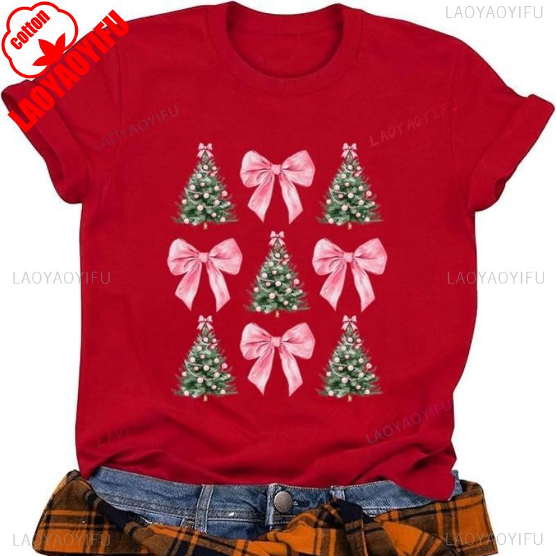 

Womens Christmas Cotton TShirts Christmas Tree Design Cute Tie Pink Ribbon with Lights Crew Neck Short Sleeve Fashion Casual S