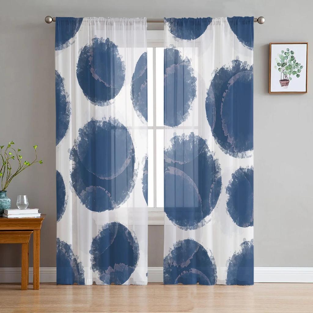 Watercolor Vintage Blue Tulle Curtains for Living Room Bedroom Sheer Curtain for Balcony Hall Fashion Printed Home Drapes
