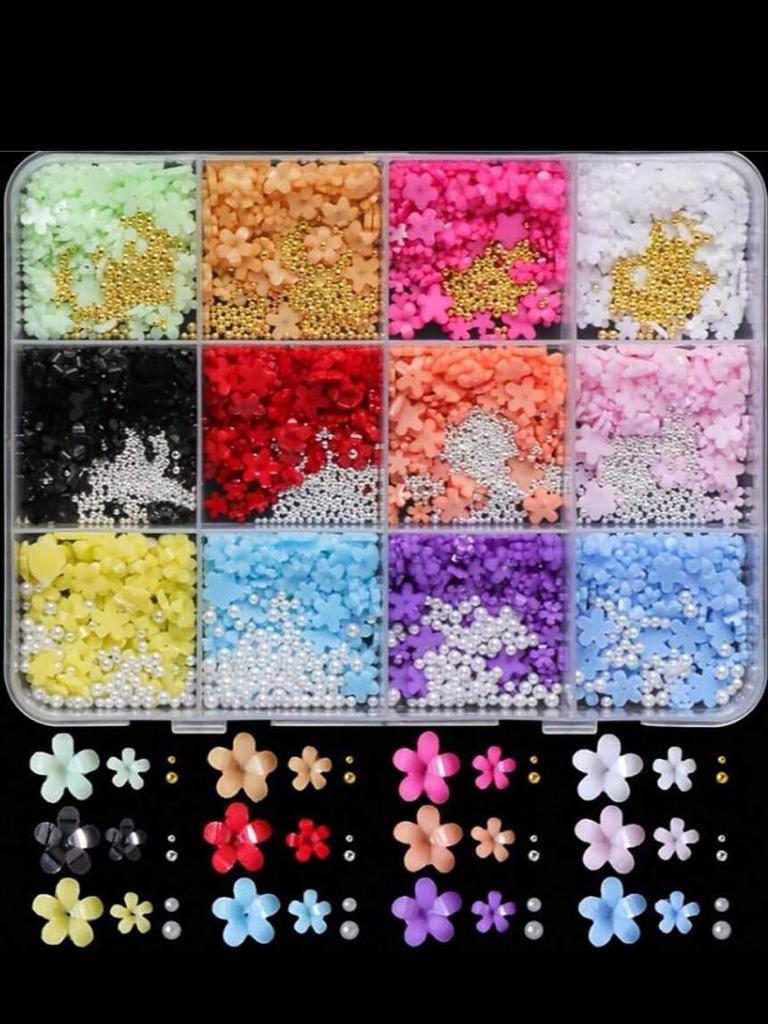 12 Grids/box Colorful Mini Flower Nail Charms 3D Acrylic Floral Nail Art With Pearls Golden Silvery Nail Beads Nail Decoration For Manicures