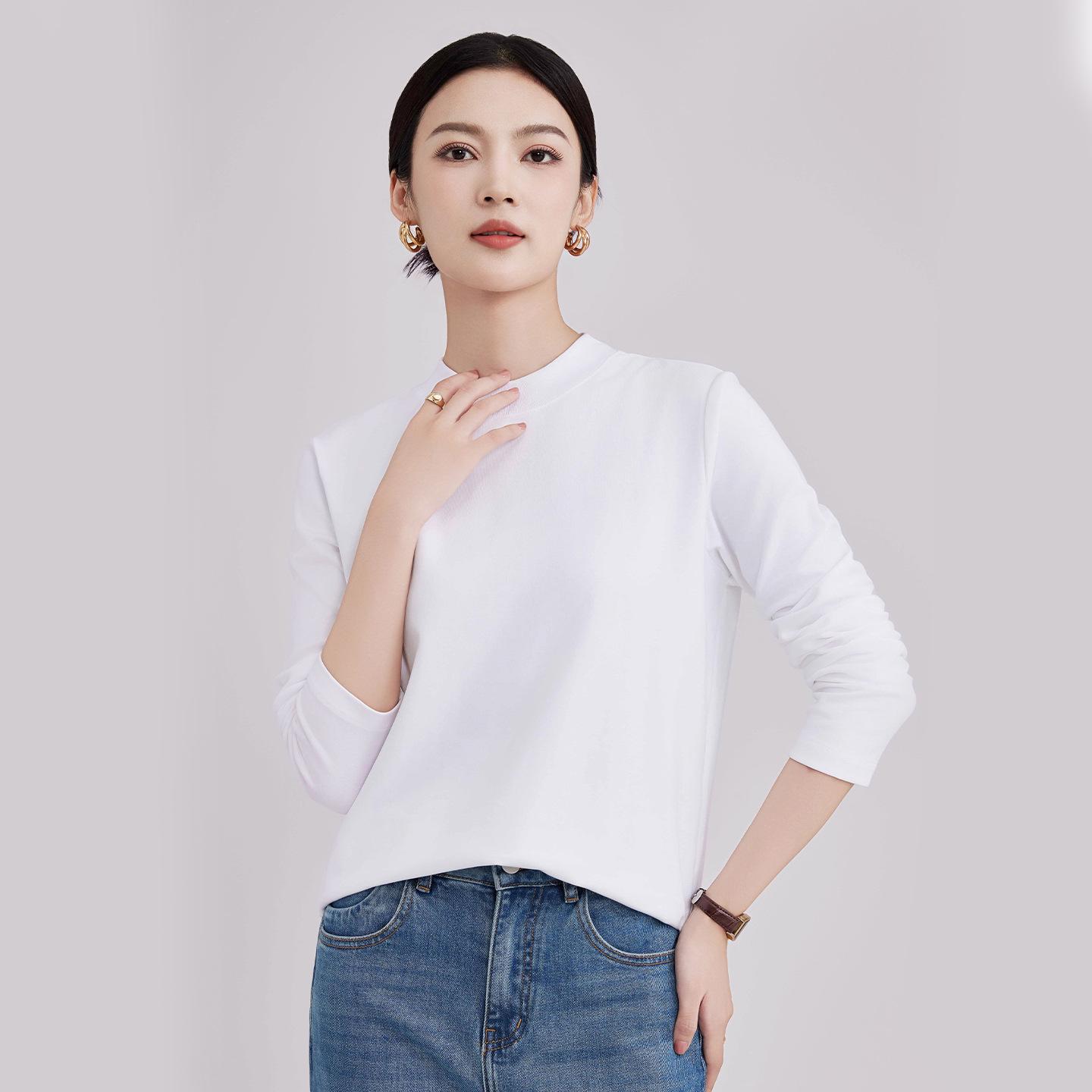 Women s White Cotton Mock Neck Long-Sleeve T-Shirt Medium