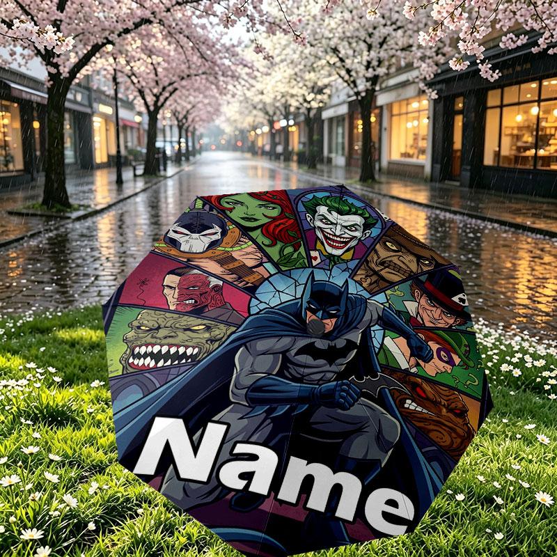 Custom Name Personalized Batman Print Umbrella, Auto Open Close, 8‑Rib Sturdy Frame, Commute Camping Hiking Use, Birthday Gift