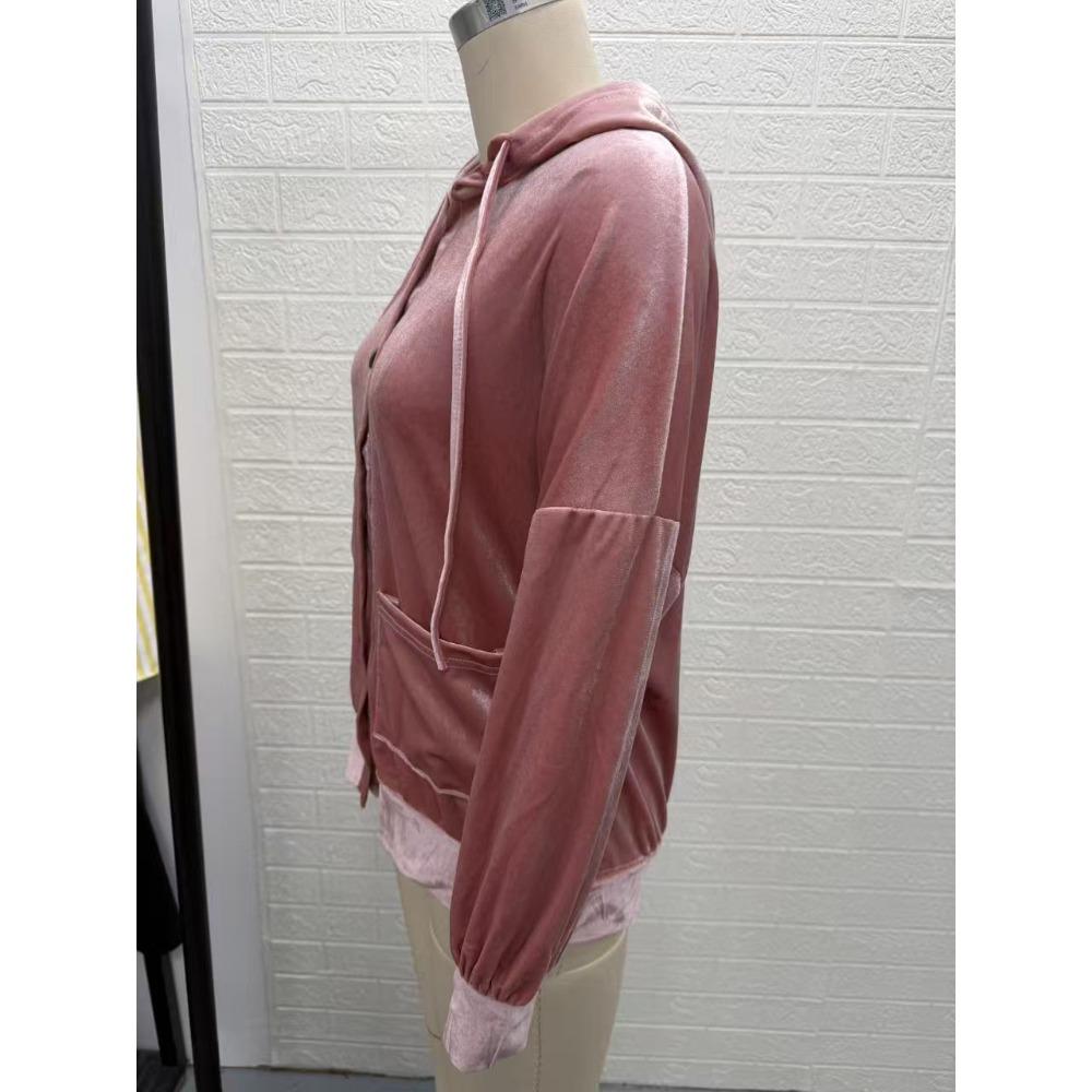 Autumn Winter Solid Color Casual Fashion Button Hooded Gold Velvet Long Sleeve Cardigan Coat Women