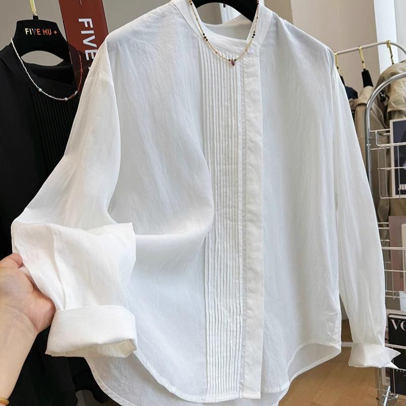 Elegante Blusa de Mujer con Cuello Redondo Plisado y Mangas Largas - Top Chic Francés Primavera 2026