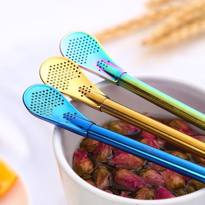 1 Pcs Fashion Color Multi-functional Drinking Straws Stainless Steel Straws Stir Bar Spoons Kitchen Tools