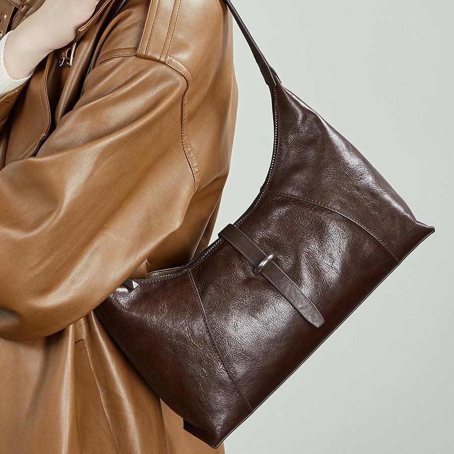 First Layer Crystal Vegetable Tanned Cowhide Retro Dumpling Bag Genuine Leather Shoulder Underarm Baguette Bag Hobo Women'S Bag