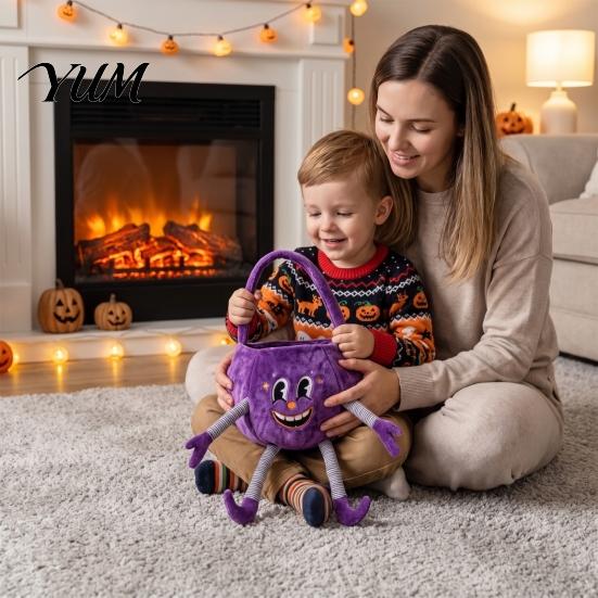 Skin Friendly Holiday Baskets Halloween Pumpkin Candy Basket with Handle, Soft Plush Trick or Treat Bag for Kids, Portable Gift Party Favor