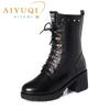Women Boots Winter Mid-calf Boots Studded Women Marton Boots Genuine Leather Large Size Wool Warm Motorcycle Boots
