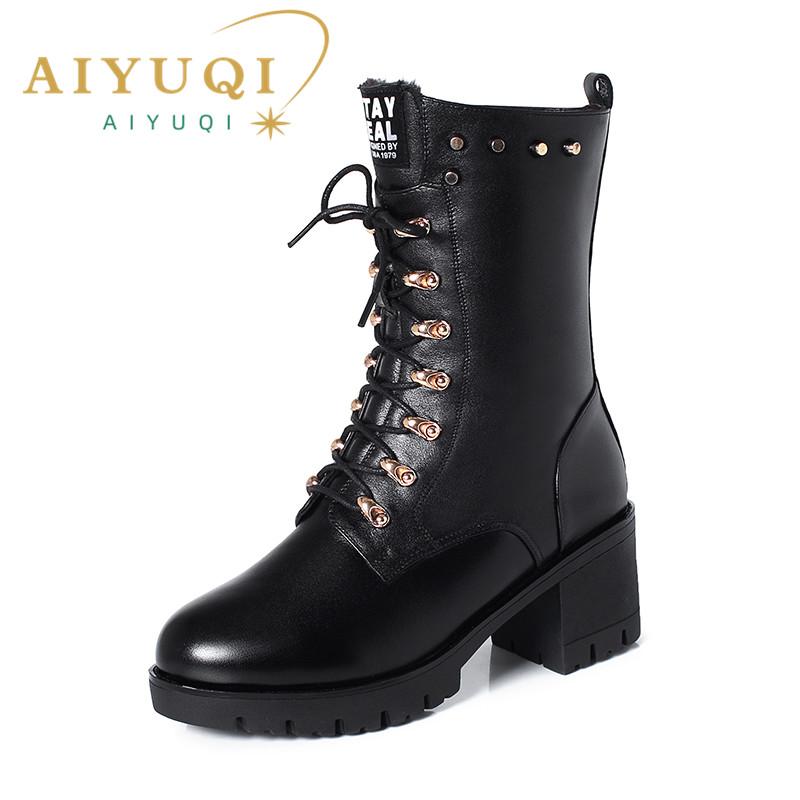 Women Boots Winter Mid-calf Boots Studded Women Marton Boots Genuine Leather Large Size Wool Warm Motorcycle Boots