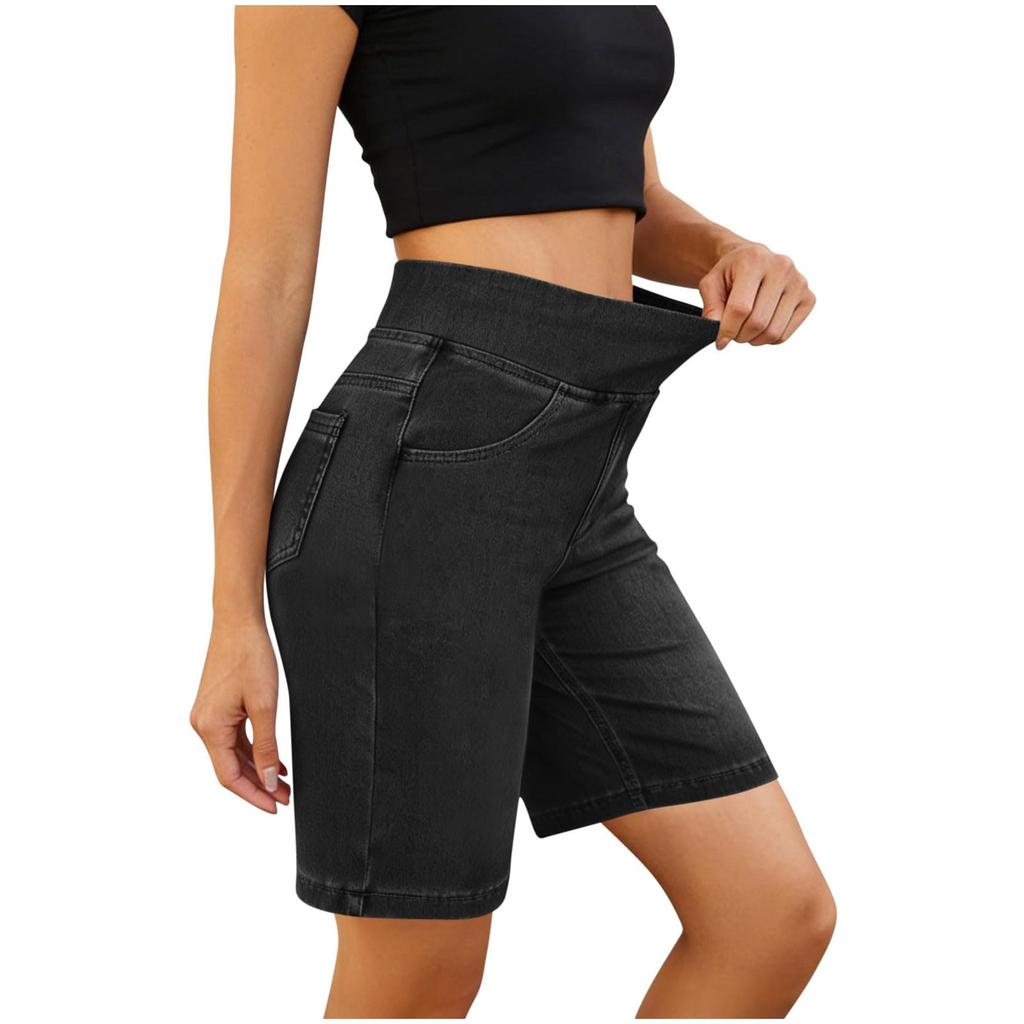 Pantaloncini Bermuda in Denim Elasticizzato a Vita Alta da Donna con Elastico in Vita e Tasche Funzionali Design Casual Fit
