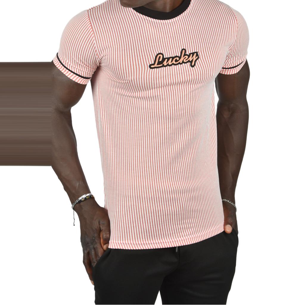DeepSEA Slim Fit Lycra Striped Collar and Striped Sleeves Lucky Text T-Shirt 2403201