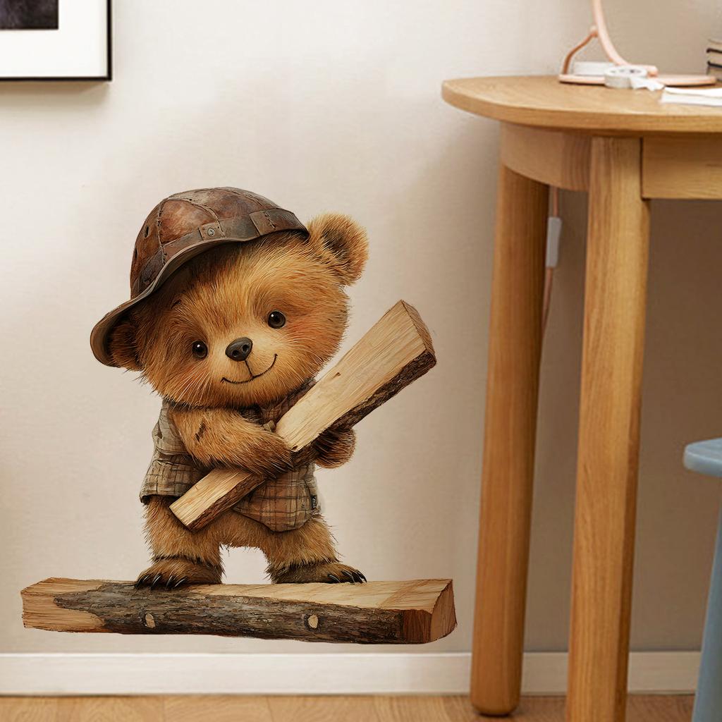 Cartoon Bear on Wood Log Wall Stickers, Cute Removable Self-Adhesive for Kids Room Nursery Home Decor