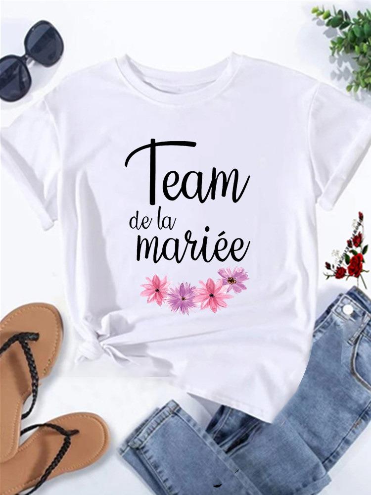 Floral Wreath French Bridal Team Womens TShirt Future Mariée Printed Short Sleeve Casual Top Bachelorette Party Gift