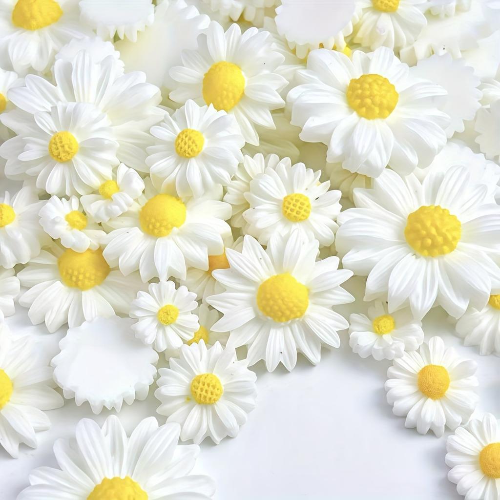 60pcs Realistic White Daisy Flowers with Yellow Centers - Flat-Bottom Floral Decorations, for DIY Crafts, Phone Cases, Nail Art