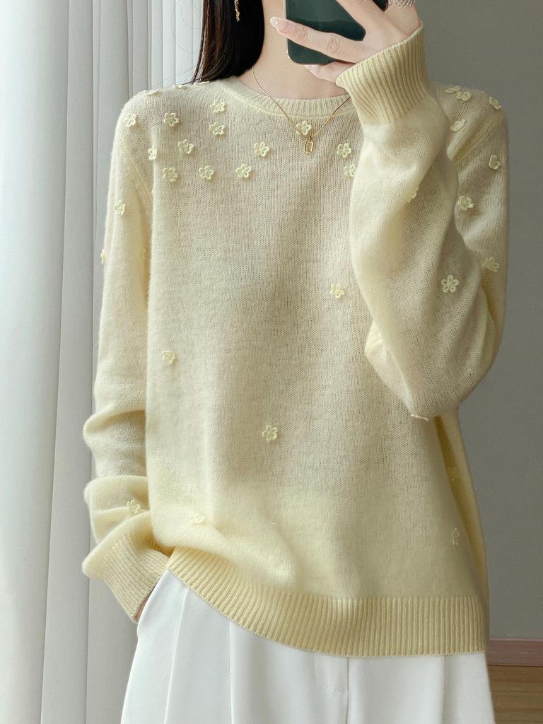 2025 Autumn/Winter Women's Loose Round Neck 100% Pure Wool Embroidered Long Sleeve Sweater Base Layer