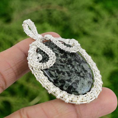 Daughters Day Sale Natural Green Rice Jasper Unique Wire Wrap Pendant 925 Silver