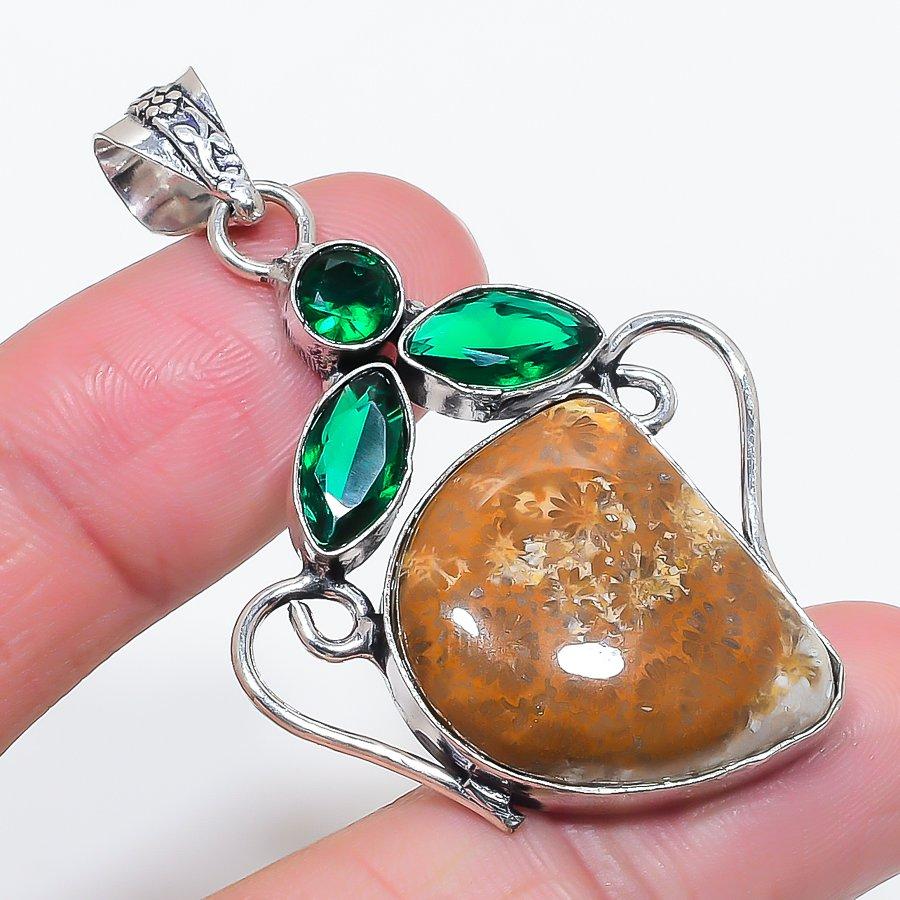 

Fossil Coral, Diopside Gemstone 925 Sterling Silver Jewelry Pendant 2.21