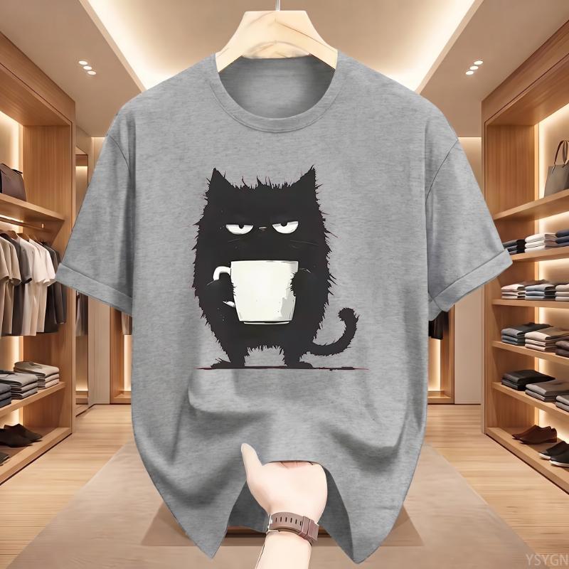 Funny Black Cat Coffee Cup Print T-Shirt Men Women Cotton Tee Cute Cat Lover Streetwear Graphic T Shirts