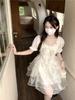 Fairy fungus edge square collar dress, female spring and summer new princess style waist fluffy cake dress