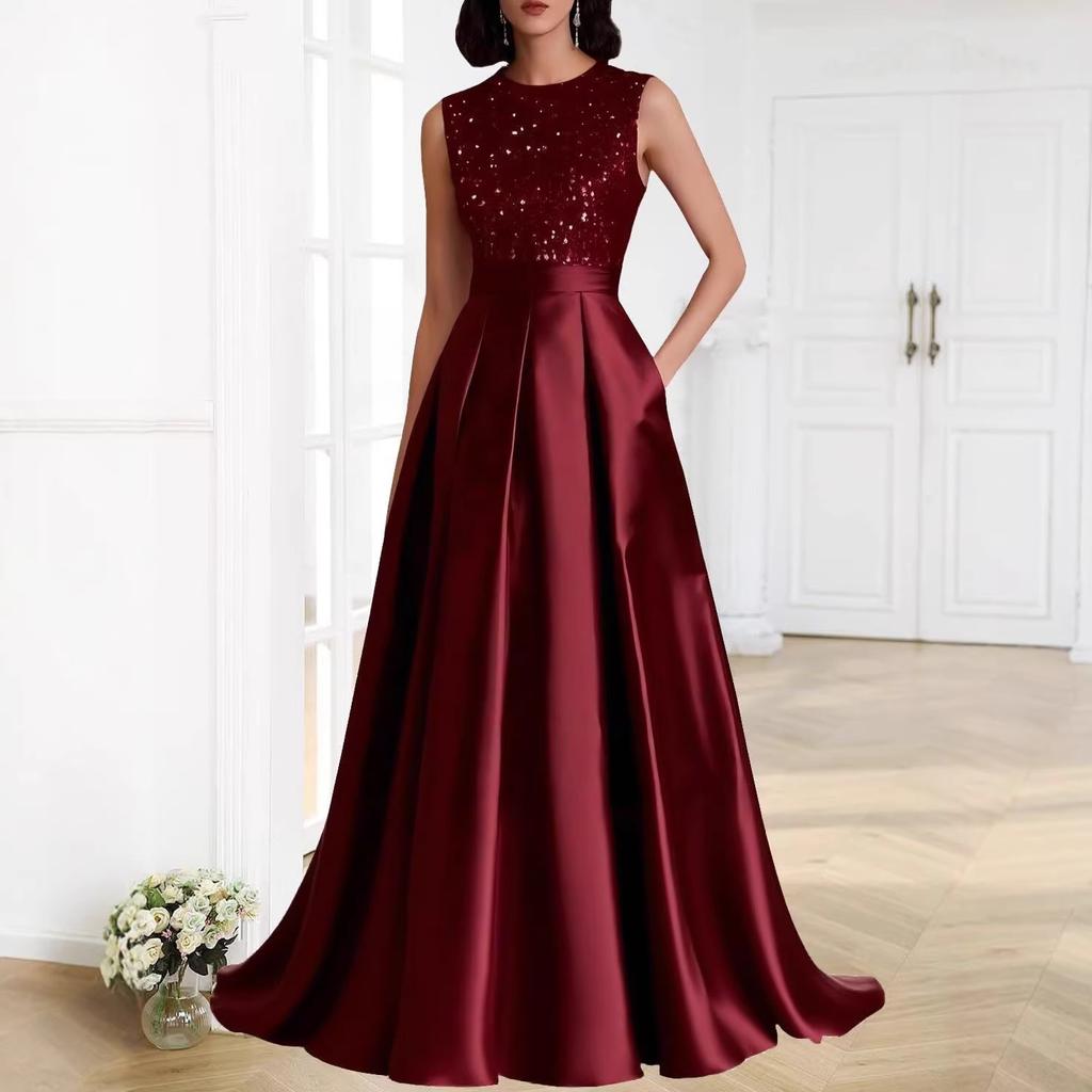 Evening Dress European and American Style New Banquet Host Long Dance Simple Temperament Sleeveless Dress 1011 New