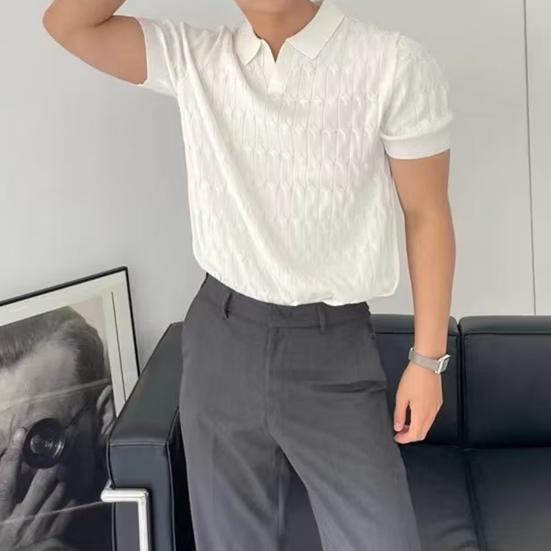 Summer Men Lapel V-neck Knitting Tops Short Sleeve Solid Color Loose Fit