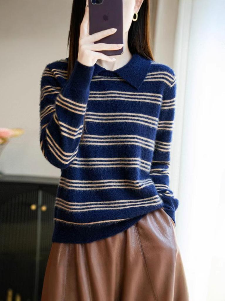 Women's 100% Pure Wool Striped Lapel Sweater - Autumn/Winter Loose Fit Knitwear