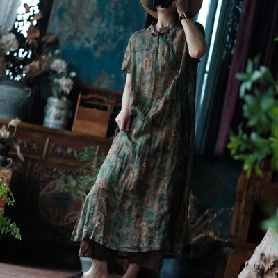 Women Chinese Style Print Floral Ramie Dress Stand Short Sleeve Summer Button A-Line Dress