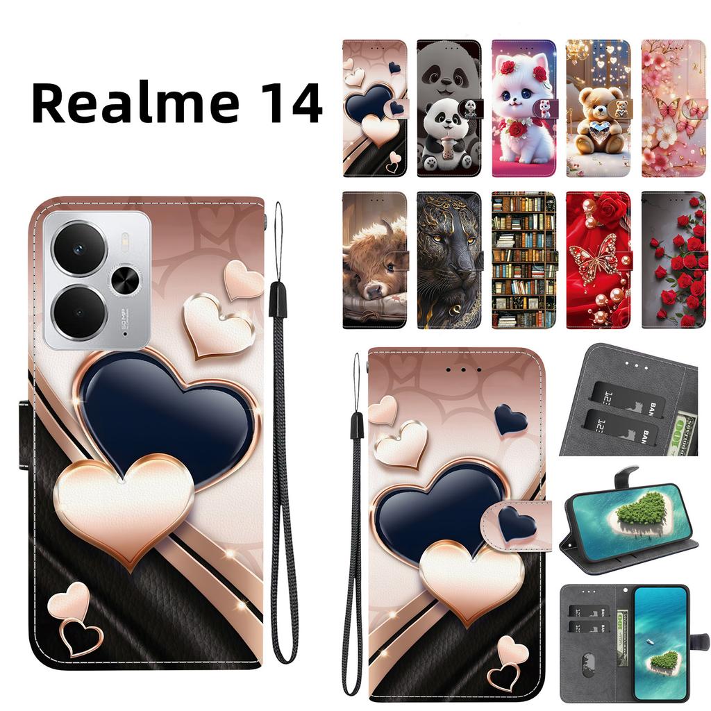 Ręcznie robione etui z klapką z PU skóry dla Realme 14, antypoślizgowe, wstrząsoodporne etui z paskiem na nadgarstek i wzorami serca/róży/kota