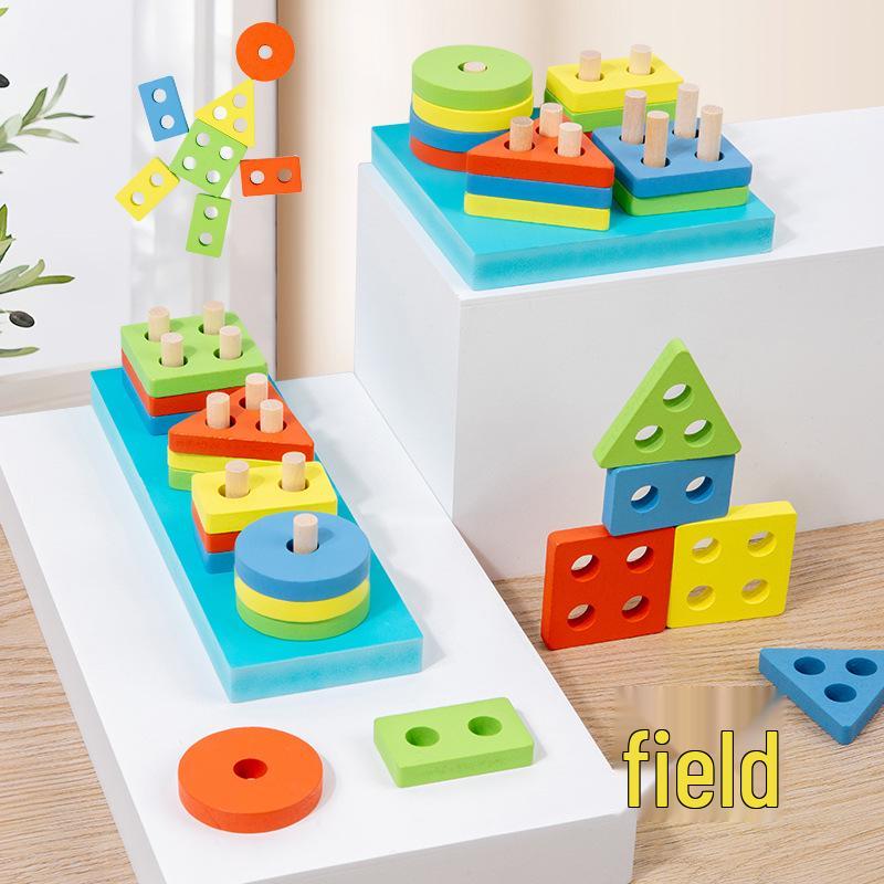 Kids' Wooden Educational Building Blocks: Four-Column Macaron Shape Recognition Set