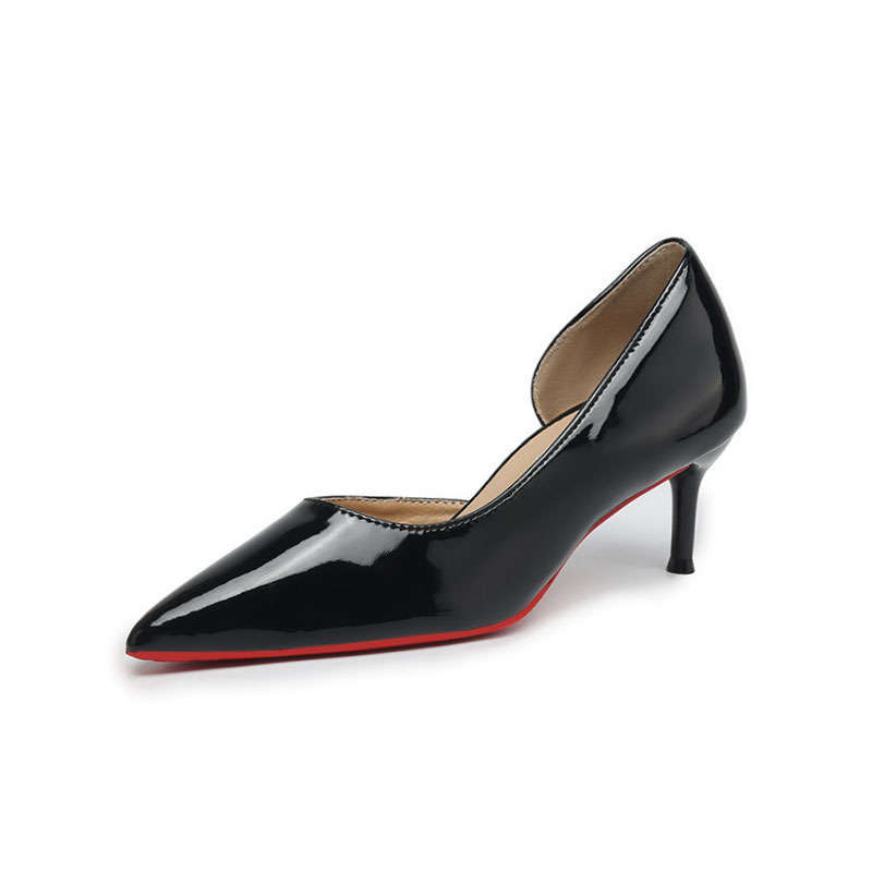 Stylish Black High Heels, Thin Heels, Side Empty Pointed Head, Shallow Mouth Dress, Simple and Versatile Patent Leather, Spring and Summer Red-soled