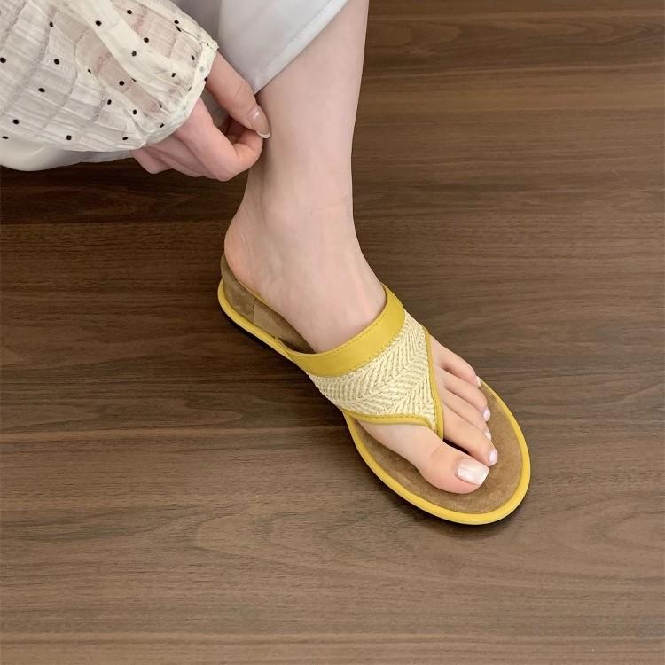 French Holiday Style Slippers Women's Summer Wear Is Beautiful, Straw Woven Soft Sole Is Not Tired, Foot Slope Heel Flip-flop Toe Sandals