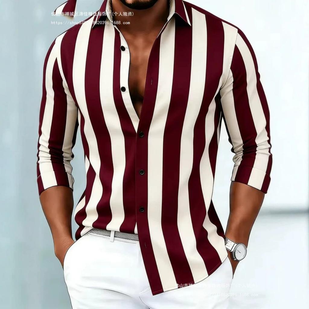Trendy Striped Long-Sleeve Shirt, Slim Fit Casual Button-Up for Men