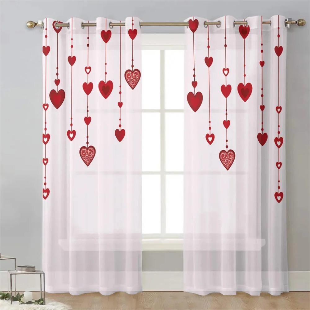 Happy Valentine's Day Love Heart Voile Curtains For Bedroom Tulle Window Curtain For Living Room Sheer Curtains Blinds Drapes2Pc