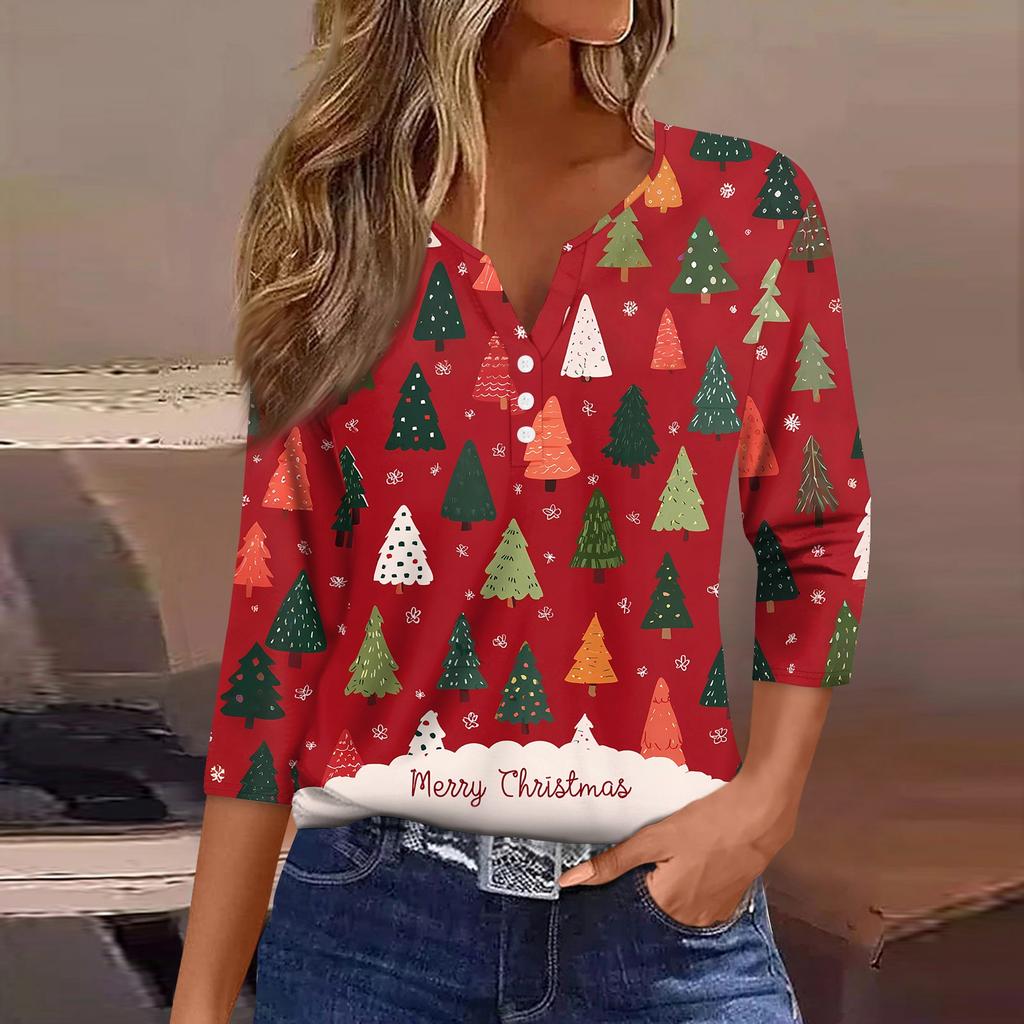 Camiseta de mujer con estampado navideño, botones, manga 3/4, para uso diario, fin de semana, básica, cuello en V, camiseta regular