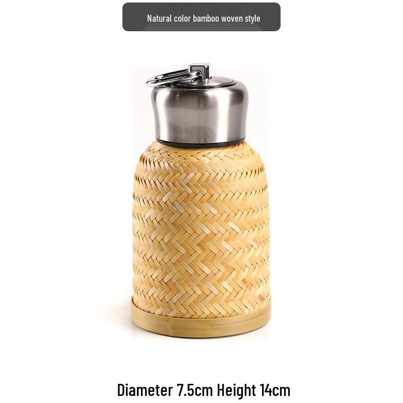 Vintage Bamboo Woven Portable Thermos Teacup - Retro Travel Kettle Bottle