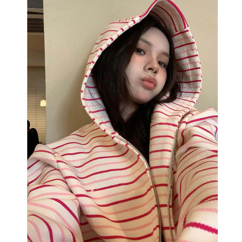 Korean pink sweater autumn thin stripe new zipper cardigan jacket top women 4 розовый