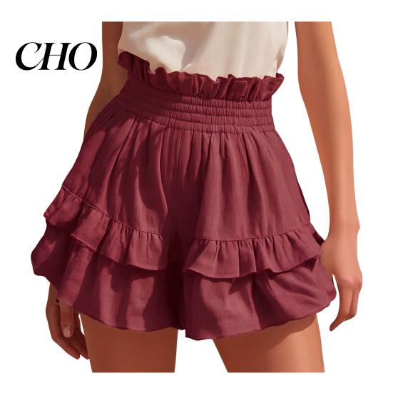 Women Lounge Shorts Women s Cotton Linen Ruffle Tiered Shorts, Elastic High Waist Casual Layered Flowy Summer Beach Mini Wide Leg S вино красного