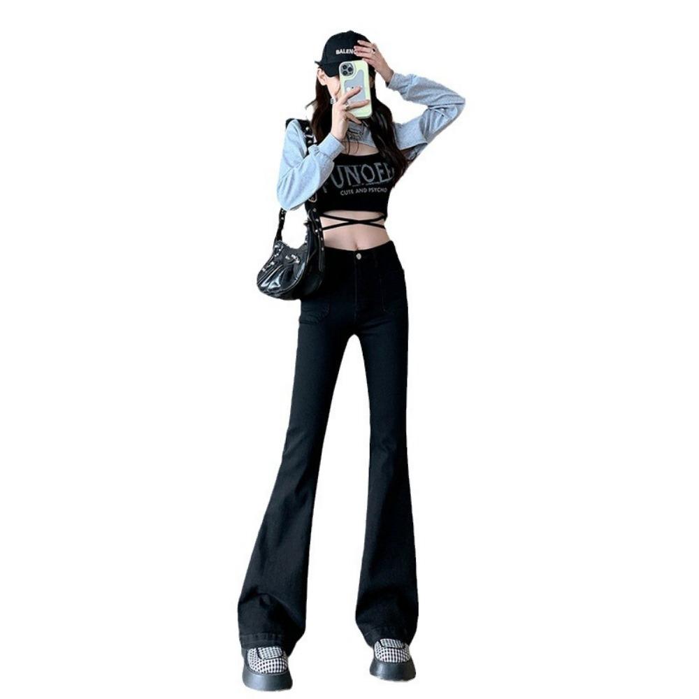 Fashion micro-pull jeans women's 2025 niche design sense high waist slim versatile horn pants