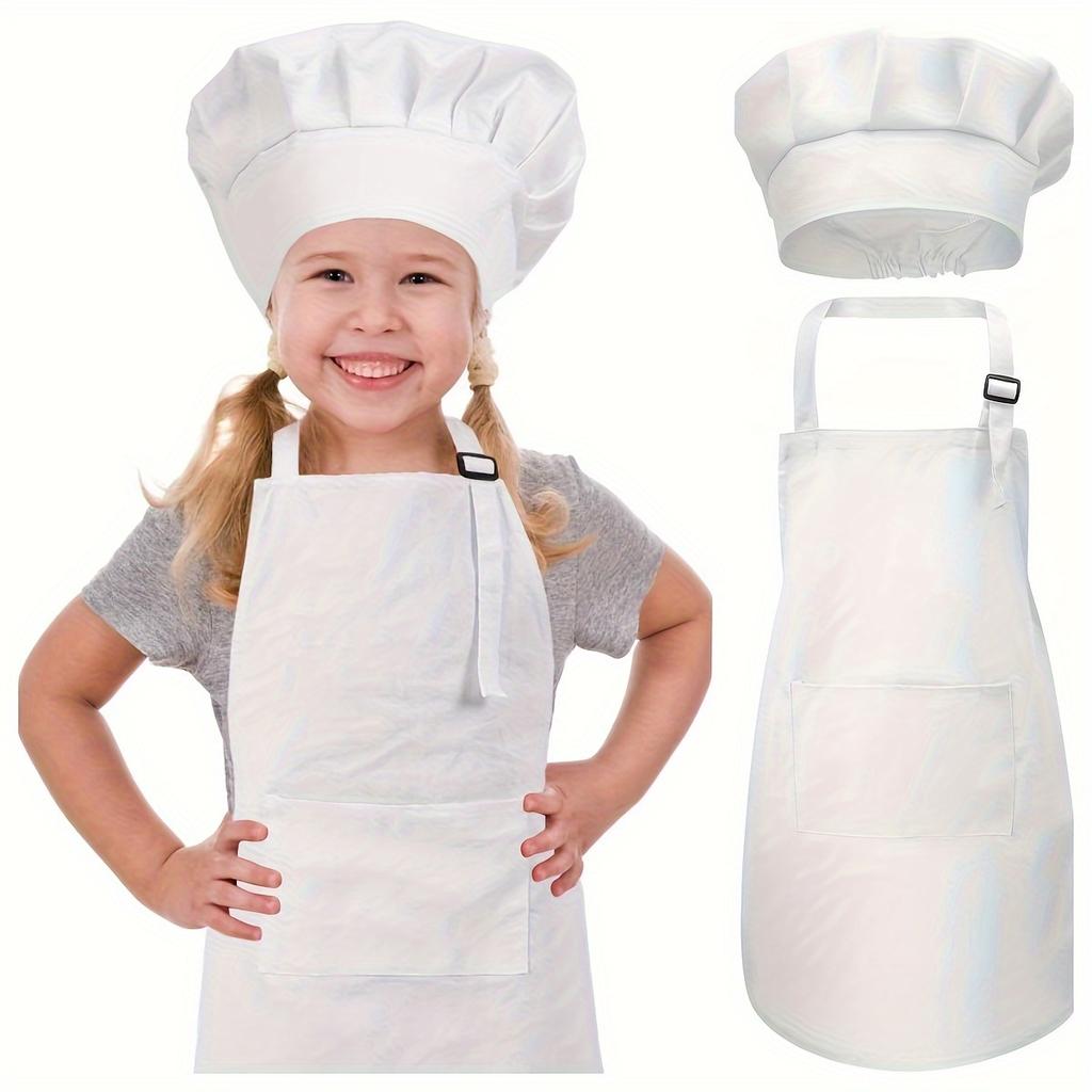 Kids Chef Hat and Apron Set Adjustable Neck Strap Elastic Band Front Pocket Durable Polyester Ideal for Cooking Baking Painting