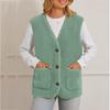 Women's V Neck Sleeveless Vest Loose Fit Casual Sherpa Waistcoat Single Button Fleece Gilet Winter Warm Layering Outerwear