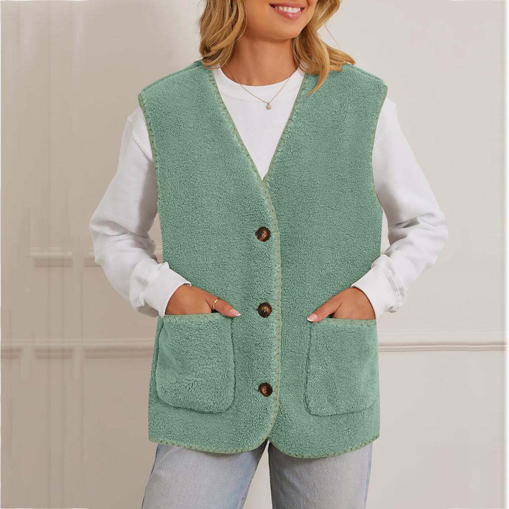 Women's V Neck Sleeveless Vest Loose Fit Casual Sherpa Waistcoat Single Button Fleece Gilet Winter Warm Layering Outerwear