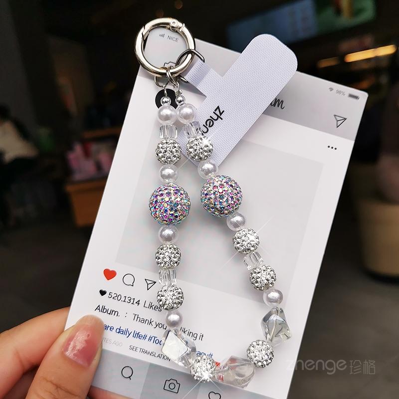 Pearl crystal mobile phone lanyard, short sparkling diamond bead bracelet, women's wrist anti lost hanging accessory