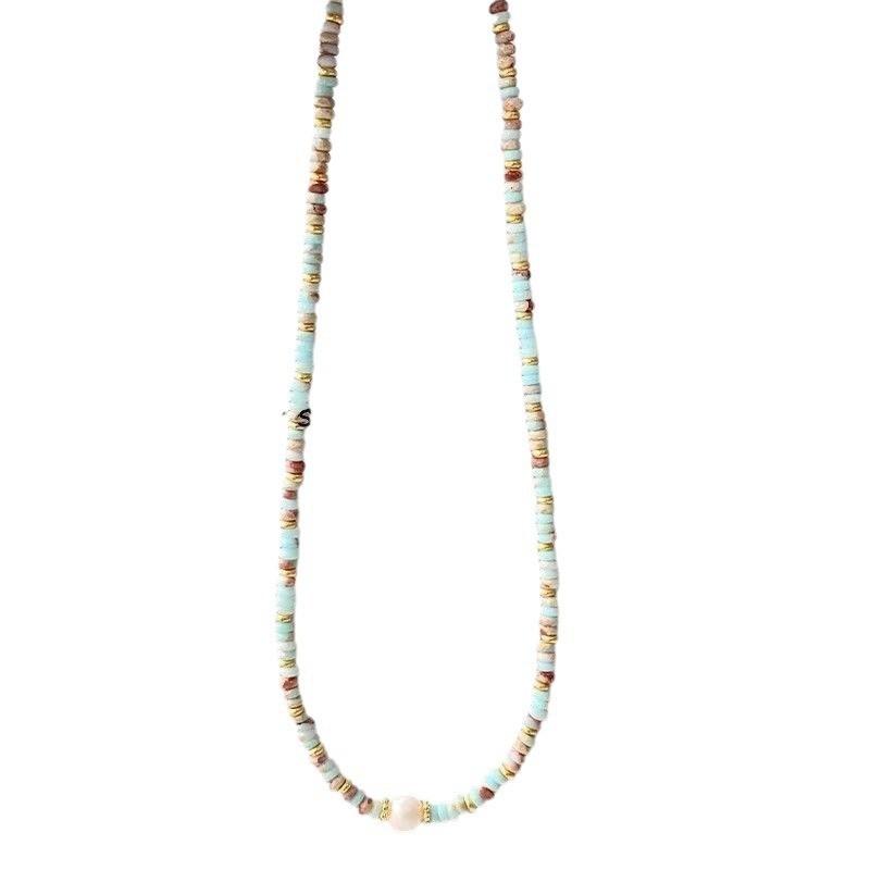 Shoushan Stone Freshwater Pearl Necklace, Snake Skin Stone Abacus Bead Patterned Mosaic Bracelet, Artistic Retro Collar Chain