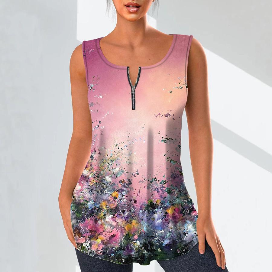 Cămăși cu decolteu în V de modă pentru femei Topuri ocazionale Tricou pentru damă, cu flori redate în 3D, vestă cu imprimeu, bluză de dimensiuni mari, fără mâneci, maiuri