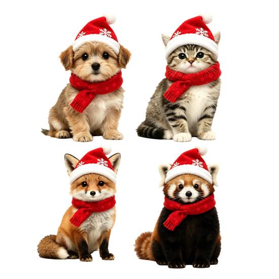 Durable Holiday Window Stickers Christmas Animal Static Clings, Cute Cat/Puppy/Racoon Stickers, PVC Winter Home Accents Waterproof Glass Sticker