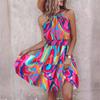 Women's Summer Ethnic Printed Sleeveless Hanging Neck High Waist A Line Lace Up Dress