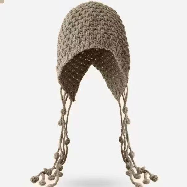 Fashion West Sichuan Travel Red Hollow Knitted Baotou Hat Female Face Small Fringed Wool Hat Cover Cold Hat Female