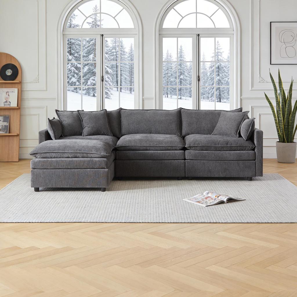 Ultra-weiches Modulsofa, aus Chenille und Massivholz, schneller Aufbau