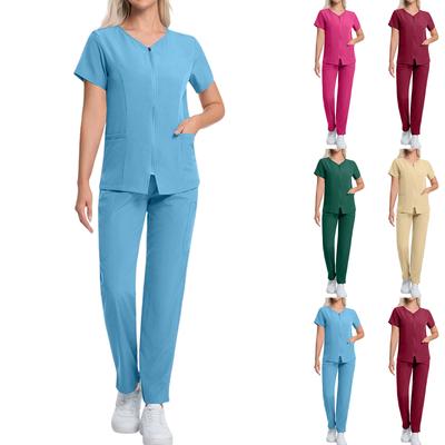 Damen Kurzarm Farbiger Rundhals Tasche Oberteil Hose Arbeitskleidung Zweiteiliges Set