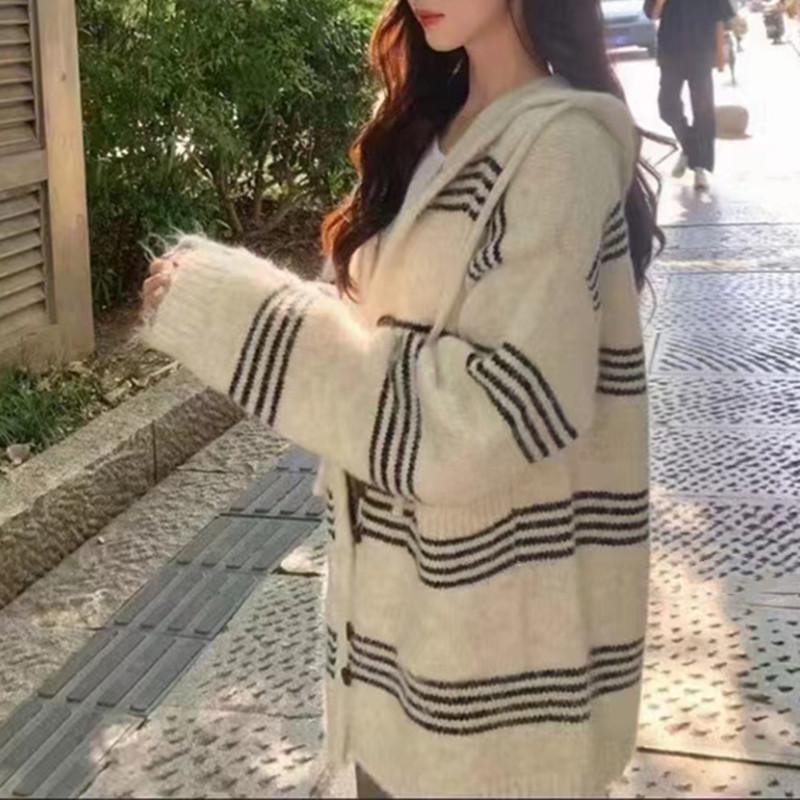 Women's Color Block Striped Knit Cardigan - Korean Style Autumn/Winter Hooded Casual Wear